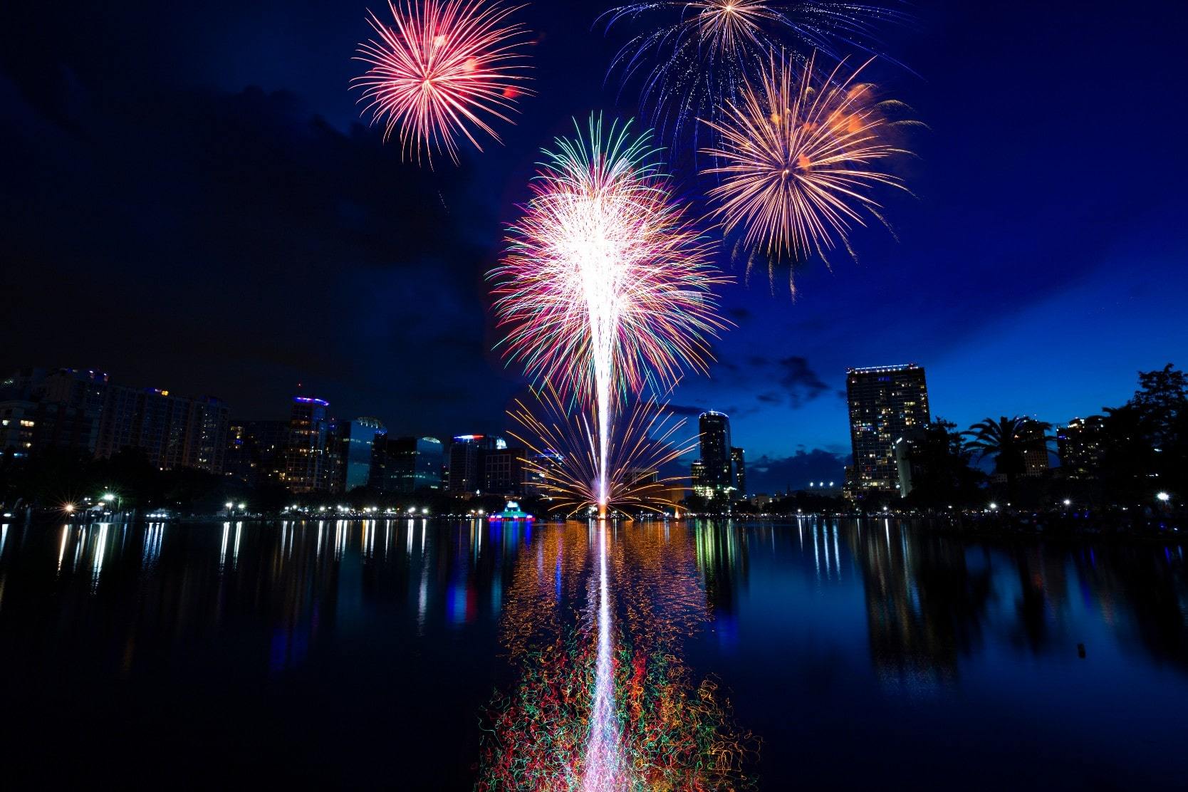 Fireworks over the water in Orlando, Florida